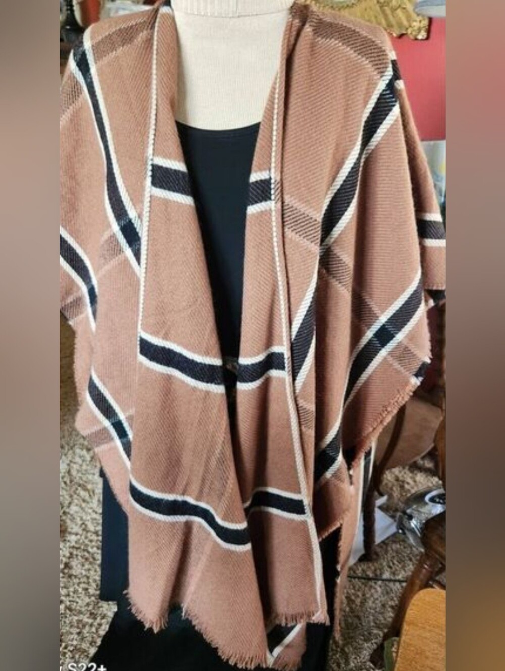 Do everything in love Tan white & black Plaid Poncho Sweater
